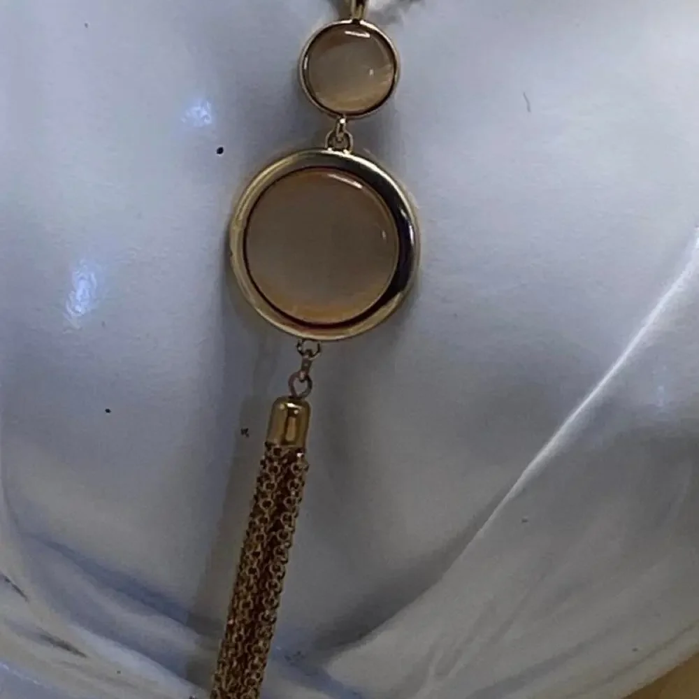 Vintage 1970s Gold Tone Long Tassel Necklace Smoky Lucite Pendant Boho Retro